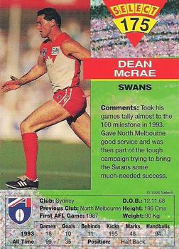 1994 Select AFL #175 Dean McRae Back